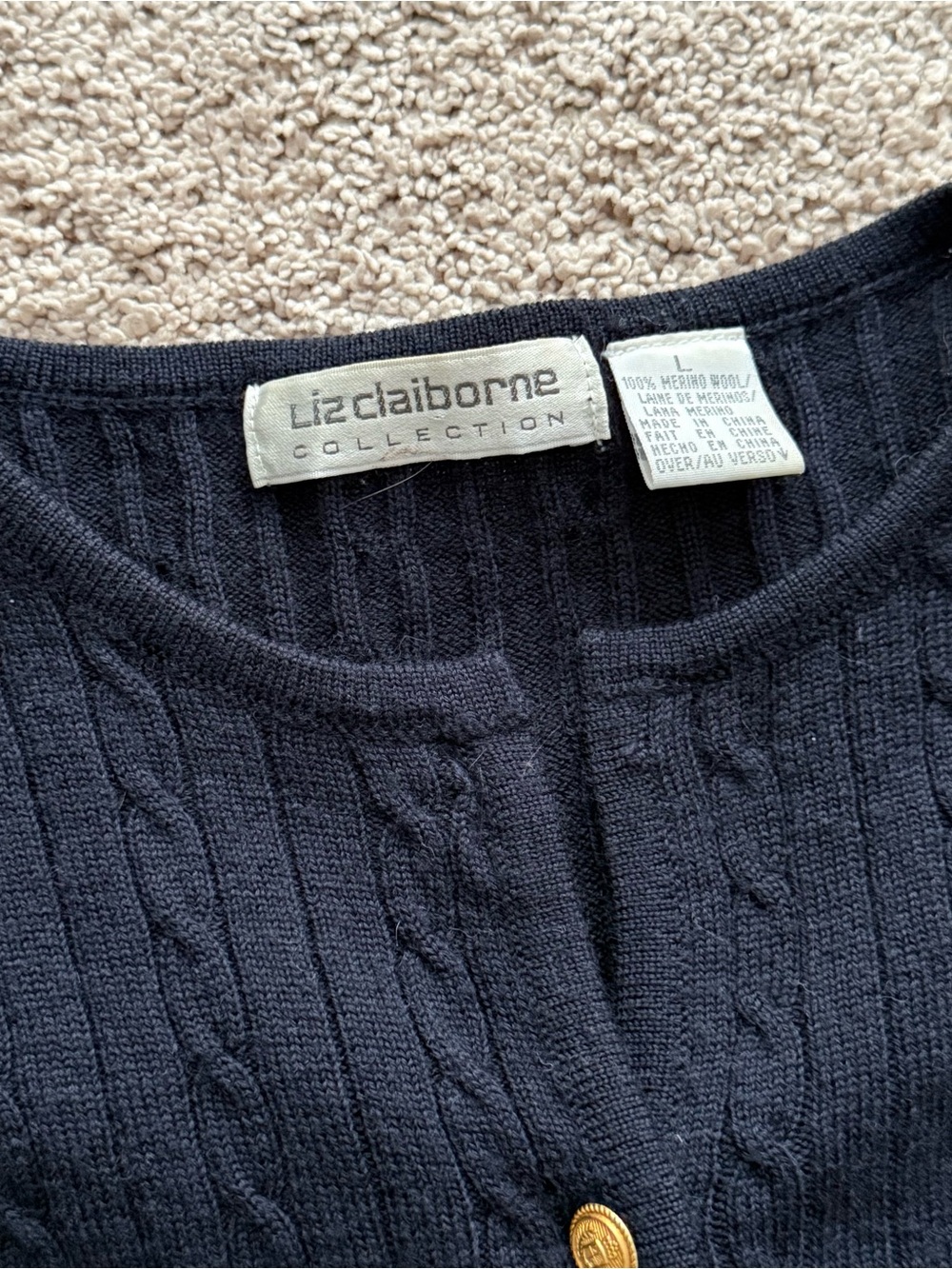 Liz Claiborne Collection Black 100% Merino Wool Cardigan Sweater Gold Button vtg - Picture 3 of 5